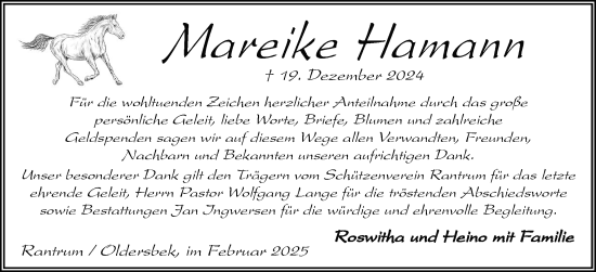 Traueranzeige von Mareike Hamann von Husumer Nachrichten, Nordfriesland Tageblatt