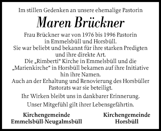Traueranzeige von Maren Brückner von Husumer Nachrichten, Nordfriesland Tageblatt