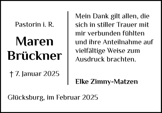 Traueranzeige von Maren Brückner von Husumer Nachrichten, Nordfriesland Tageblatt