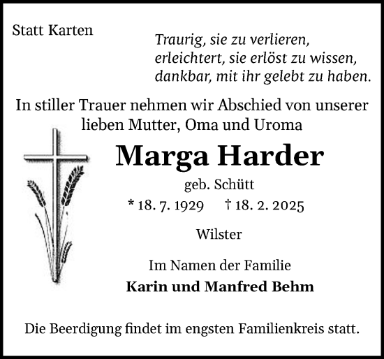 Traueranzeige von Marga Harder von Norddeutsche Rundschau, Wilstersche Zeitung, Glückstädter Fortuna