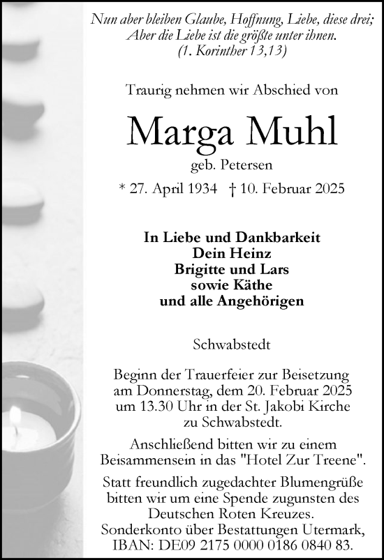 Traueranzeige von Marga Muhl von Husumer Nachrichten, Nordfriesland Tageblatt