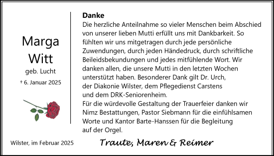 Traueranzeige von Marga Witt von Norddeutsche Rundschau, Wilstersche Zeitung, Glückstädter Fortuna