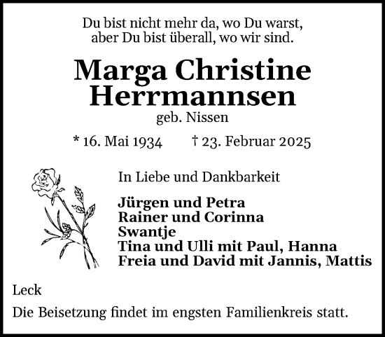 Traueranzeige von Marga Christine Herrmannsen von Husumer Nachrichten, Nordfriesland Tageblatt