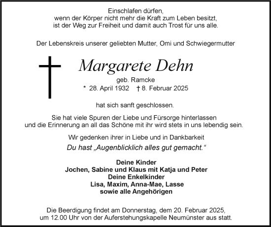 Traueranzeige von Margarete Dehn von Holsteinischer Courier