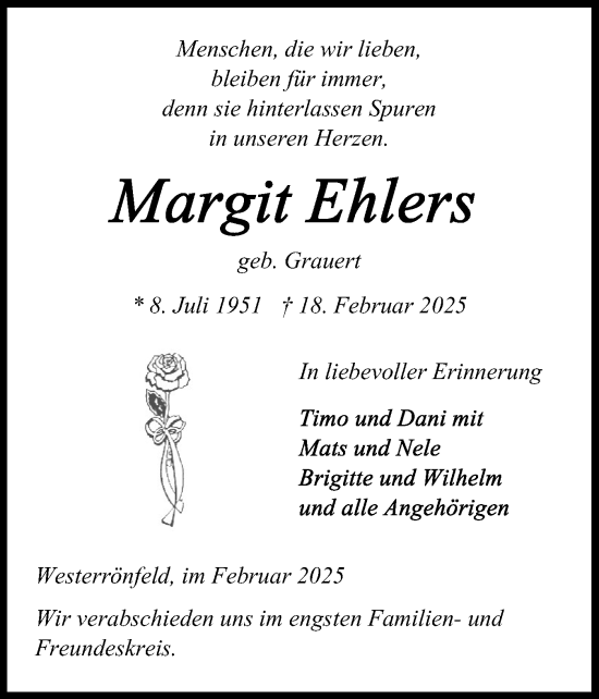Traueranzeige von Margit Ehlers von Schleswig-Holsteinische Landeszeitung