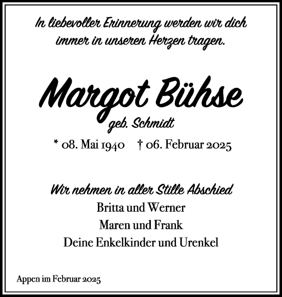 Traueranzeige von Margot Bühse von Region Pinneberg und tip Pinneberg