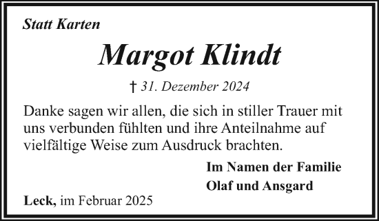 Traueranzeige von Margot Klindt von Husumer Nachrichten, Nordfriesland Tageblatt