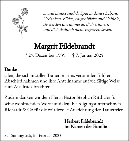 Traueranzeige von Margrit Fildebrandt von MARKT Glinde/Reinfeld
