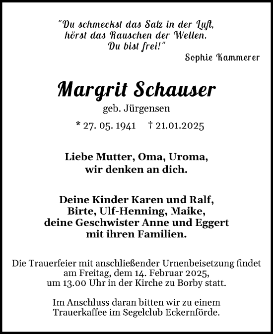 Traueranzeige von Margrit Schauser von Eckernförder Zeitung, Hallo Eckernförde