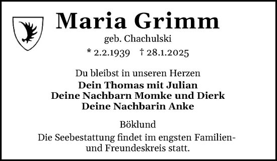 Traueranzeige von Maria Grimm von Schleswiger Nachrichten, Schlei-Bote
