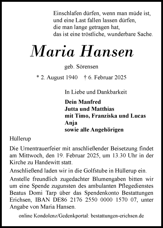 Traueranzeige von Maria Hansen von Flensburger Tageblatt