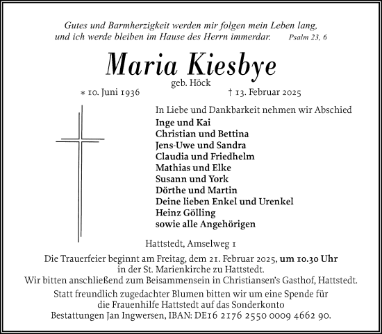 Traueranzeige von Maria Kiesbye von Region Flensburg