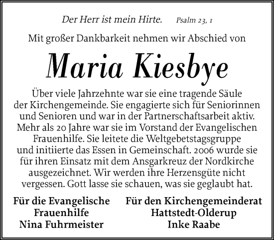 Traueranzeige von Maria Kiesbye von Husumer Nachrichten, Nordfriesland Tageblatt