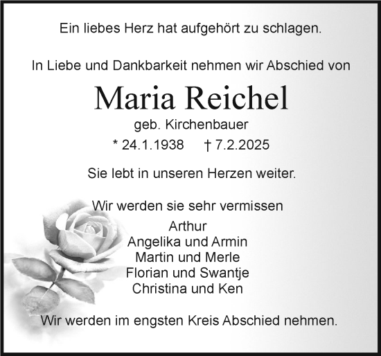 Traueranzeige von Maria Reichel von Holsteinischer Courier
