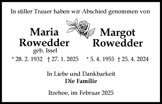 Traueranzeige von Maria  Rowedder von Norddeutsche Rundschau, Wilstersche Zeitung, Glückstädter Fortuna