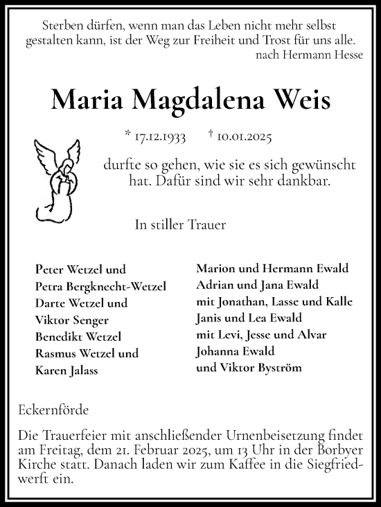Traueranzeige von Maria Magdalena Weis von Eckernförder Zeitung, Hallo Eckernförde