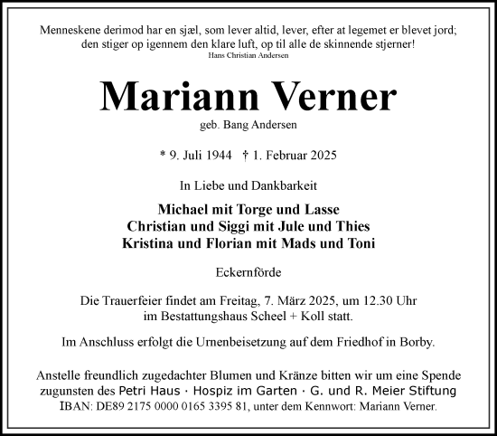 Traueranzeige von Mariann Verner von Eckernförder Zeitung, Hallo Eckernförde