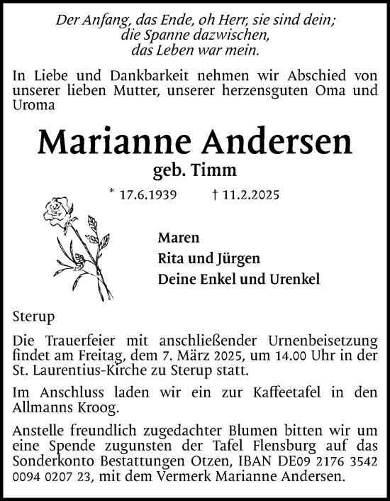Traueranzeige von Marianne Andersen von Flensburger Tageblatt