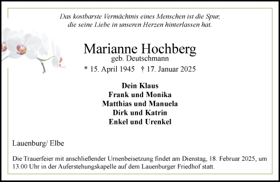 Traueranzeige von Marianne Hochberg von Wochenend Anzeiger