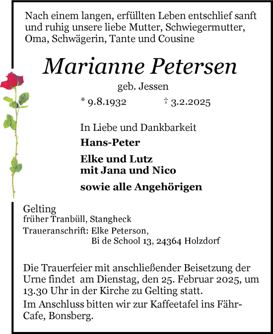 Traueranzeige von Marianne Petersen von Flensburger Tageblatt, Schleswiger Nachrichten, Schlei-Bote