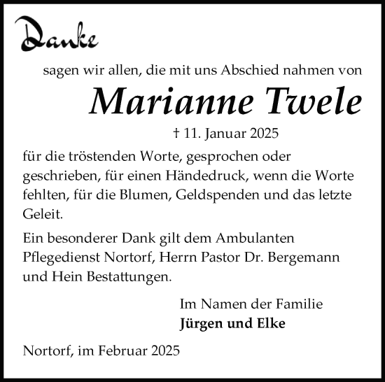 Traueranzeige von Marianne Twele von Schleswig-Holsteinische Landeszeitung