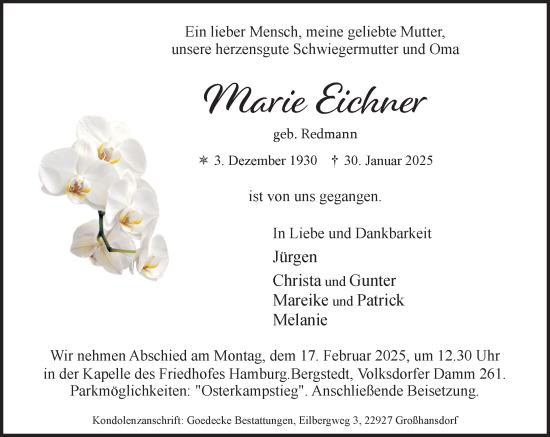 Traueranzeige von Marie Eichner von MARKT Ahrensburg/Bargteheide/Trittau und Stormarner Tageblatt