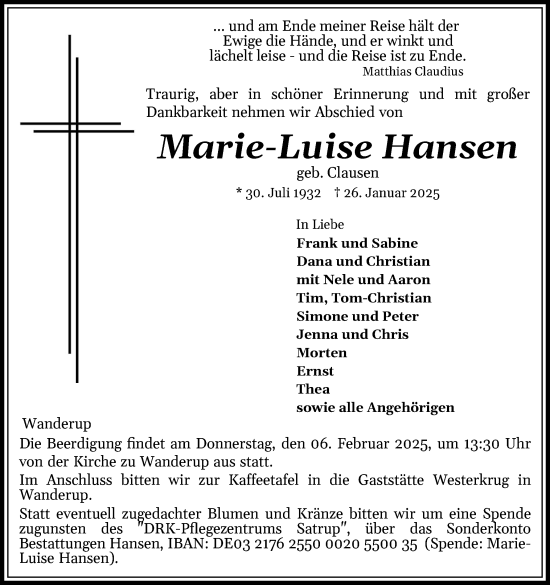 Traueranzeige von Marie-Luise Hansen von Region Flensburg