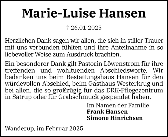 Traueranzeige von Marie-Luise Hansen von Region Flensburg