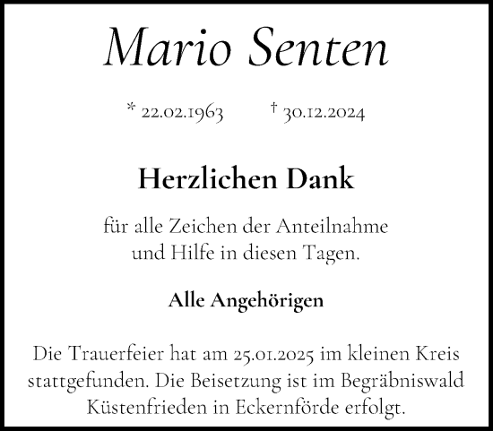 Traueranzeige von Mario Senten von Husumer Nachrichten, Nordfriesland Tageblatt