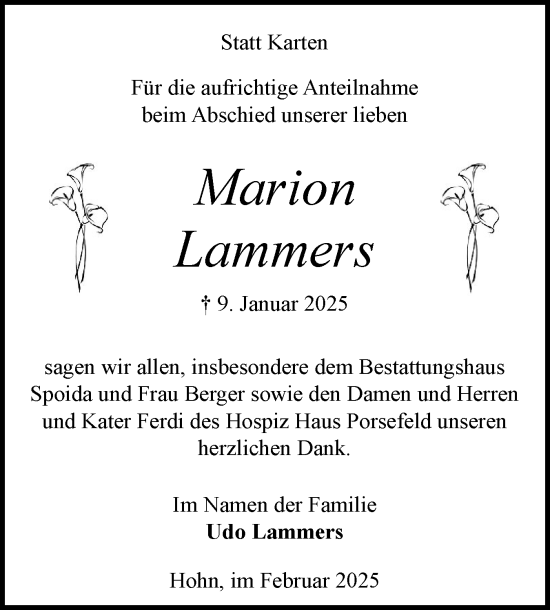 Traueranzeige von Marion Lammers von Schleswig-Holsteinische Landeszeitung