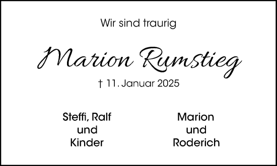 Traueranzeige von Marion Rumstieg von MARKT Ratzeburg/Mölln