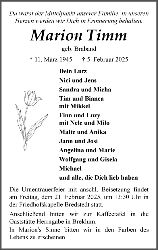 Traueranzeige von Marion Timm von Husumer Nachrichten, Nordfriesland Tageblatt