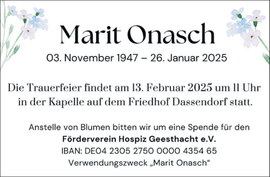 Traueranzeige von Marit Onasch von Wochenend Anzeiger
