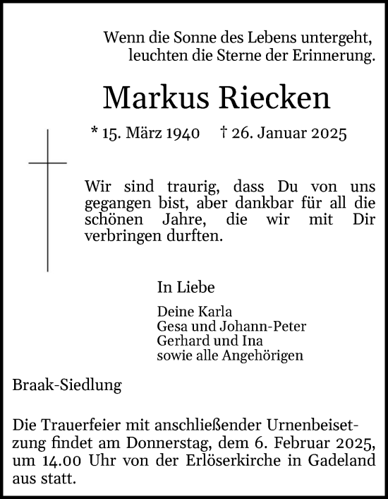 Traueranzeige von Markus Riecken von Holsteinischer Courier