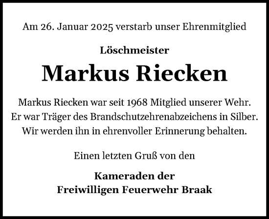 Traueranzeige von Markus Riecken von Holsteinischer Courier