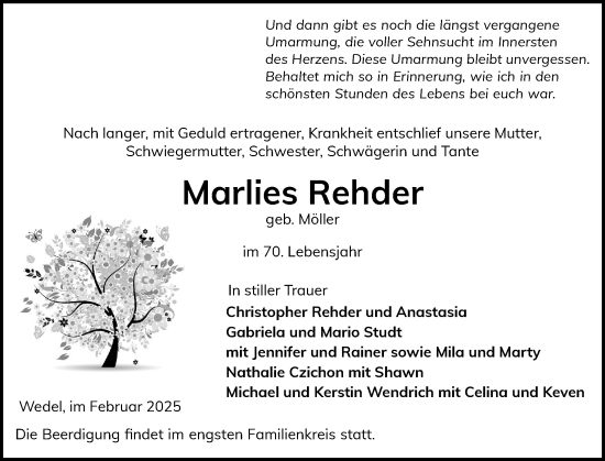 Traueranzeige von Marlies Rehder von Wedel-Schulauer Tageblatt, tip Wedel-Schulauer Tageblatt, tip Rissener Rundschau