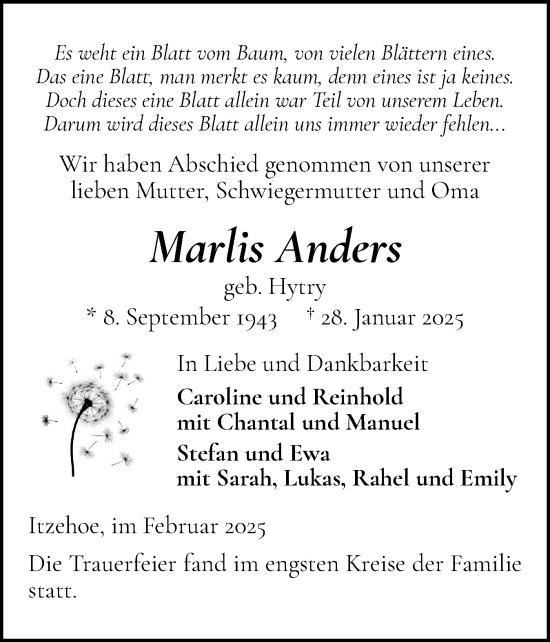 Traueranzeige von Marlis Anders von Norddeutsche Rundschau, Wilstersche Zeitung, Glückstädter Fortuna