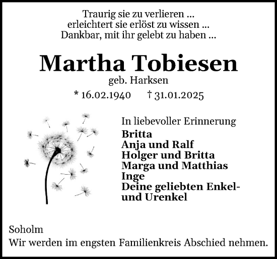 Traueranzeige von Martha Tobiesen von Husumer Nachrichten, Nordfriesland Tageblatt
