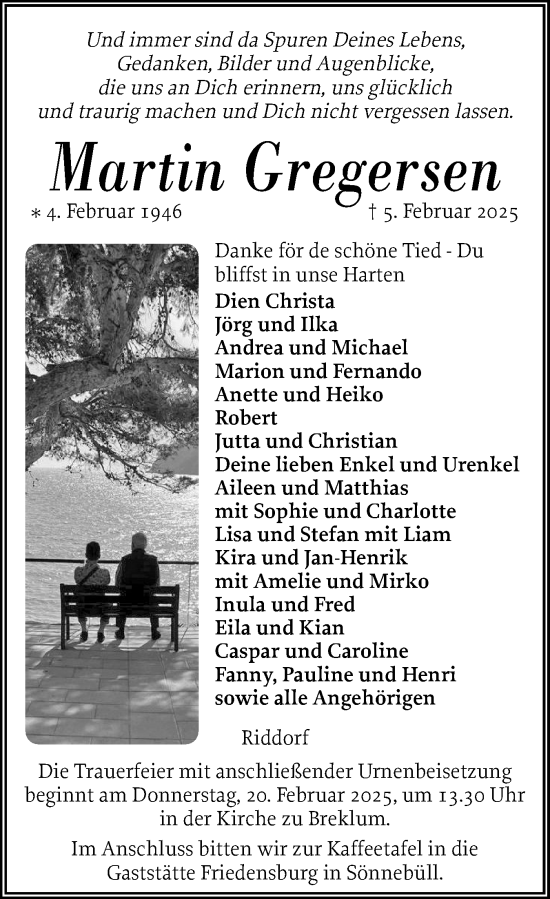 Traueranzeige von Martin Gregersen von Husumer Nachrichten, Nordfriesland Tageblatt