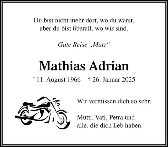 Traueranzeige von Mathias Adrian von MARKT Glinde/Reinfeld
