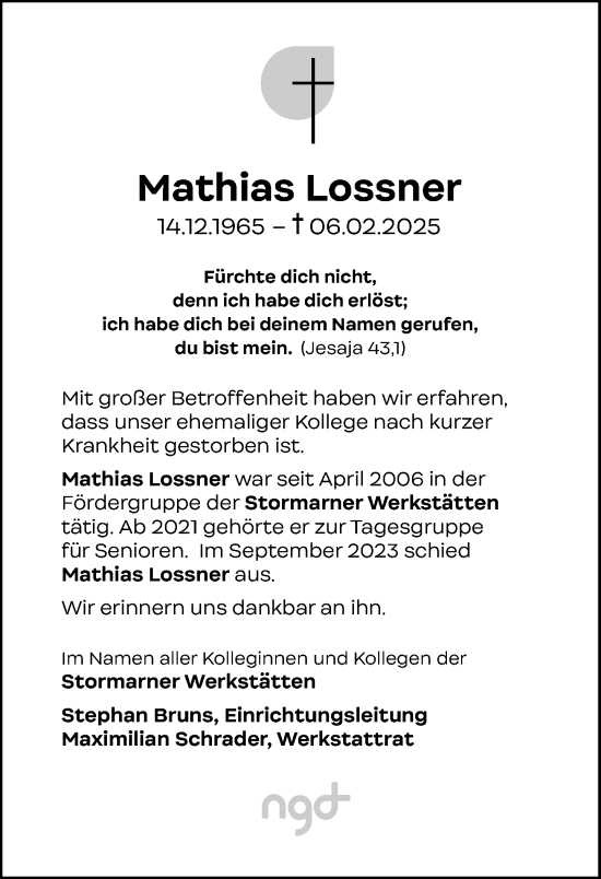 Traueranzeige von Mathias Lossner von MARKT Bad Oldesloe/Reinfeld, MARKT Ahrensburg/Bargteheide/Trittau und Stormarner Tageblatt
