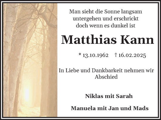 Traueranzeige von Matthias Kann von Eckernförder Zeitung, Hallo Eckernförde