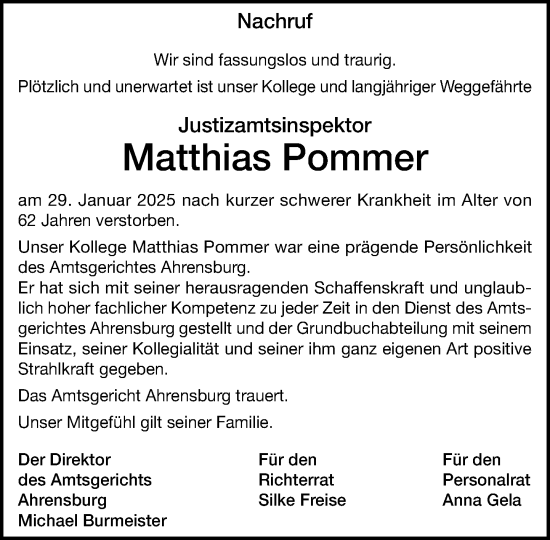 Traueranzeige von Matthias Pommer von MARKT Ahrensburg/Bargteheide/Trittau und Stormarner Tageblatt
