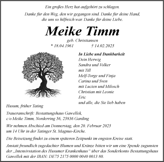 Traueranzeige von Meike Timm von Husumer Nachrichten, Nordfriesland Tageblatt