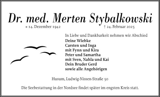 Traueranzeige von Merten Stybalkowski von Husumer Nachrichten, Nordfriesland Tageblatt