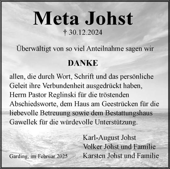 Traueranzeige von Meta Johst von Husumer Nachrichten, Nordfriesland Tageblatt