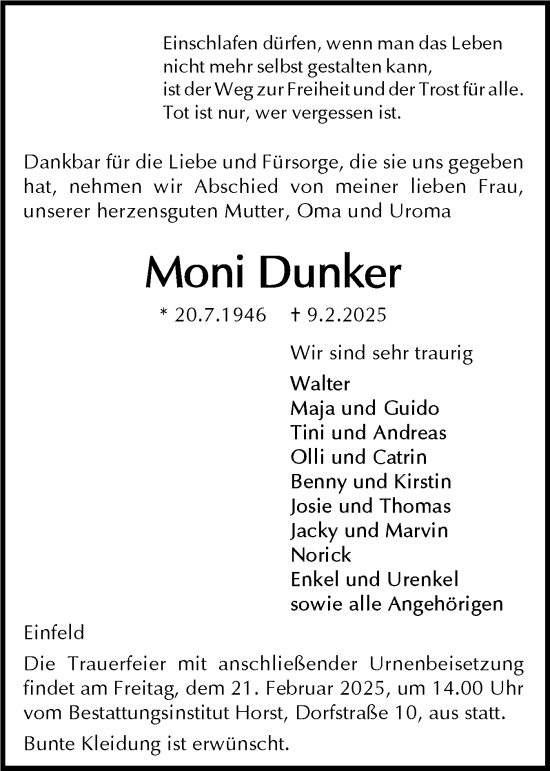 Traueranzeige von Moni Dunker von Holsteinischer Courier