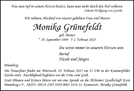 Traueranzeige von Monika Grünefeldt von Region Pinneberg und tip Pinneberg