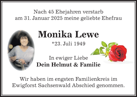 Traueranzeige von Monika Lewe von Wochenend Anzeiger