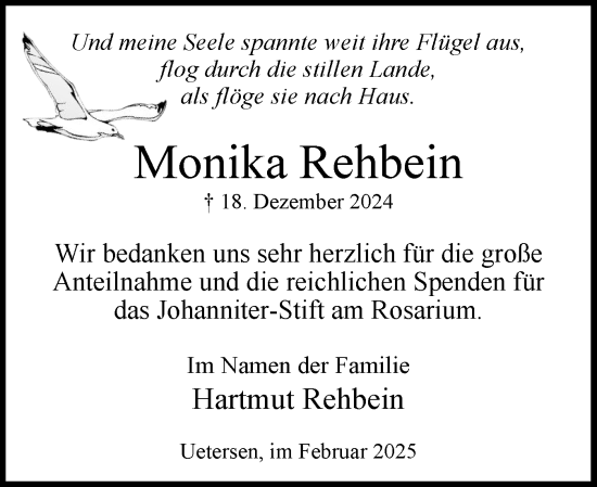 Traueranzeige von Monika Rehbein von Uetersener Nachrichten, Der tip am Wochenende